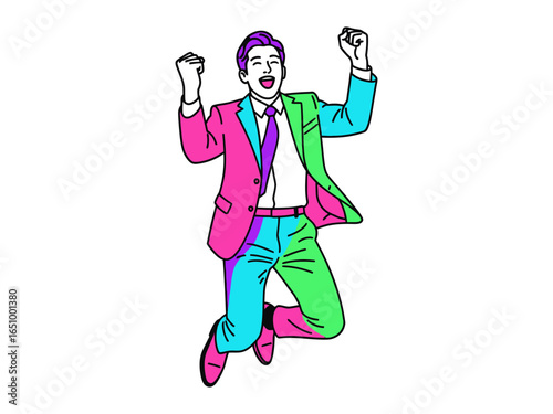 A Vibrant Display of Elation: A jubilant person leaps joyfully in the air, embodying pure happiness, with a multi-colored suit, and radiating excitement and energetic vibes.