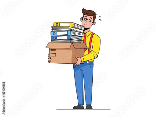 Overwhelmed: A weary individual, burdened by a heavy load of folders and a box, visibly struggles. The image conveys the essence of being overwhelmed by responsibilities