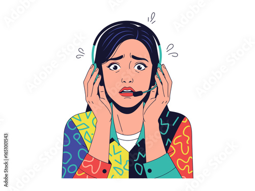 Overwhelmed: A graphic illustration captures the emotional turmoil of a woman wearing a headset. Her face is contorted in a mixture of fear and shock, conveying the pressures.