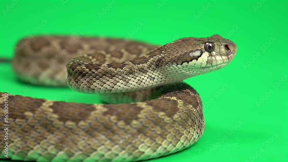 Brown Patterned Snake Coiled on Green Screen Background, Detailed Reptile Scales and Head Brown Patterned Snake Coiled on Green Screen Background, Detailed Reptile Scales and Head