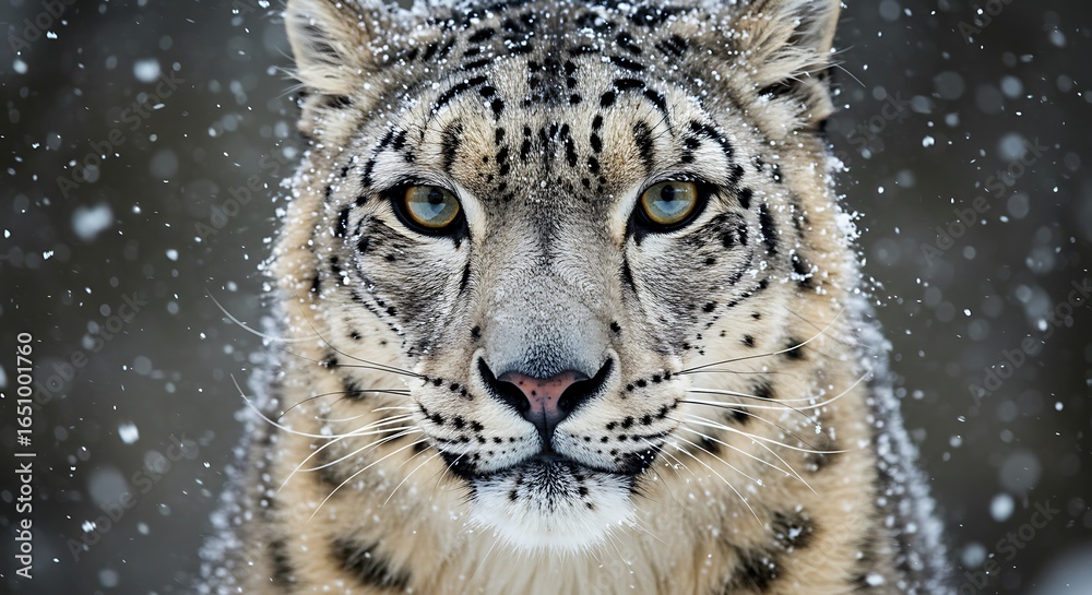 Obraz premium A majestic snow leopard stares directly into the camera as snowflakes gently fall around its face.