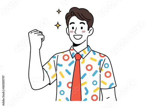 Joyful Confidence: A cheerful figure, hand clenched in a gesture of triumph and joy, exudes positivity and happiness, dressed in a trendy shirt.