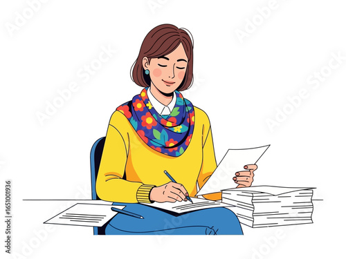 Crafting Insights: An individual diligently focuses on their work, penning down thoughts amidst a pile of documents, creating a portrait of concentration.