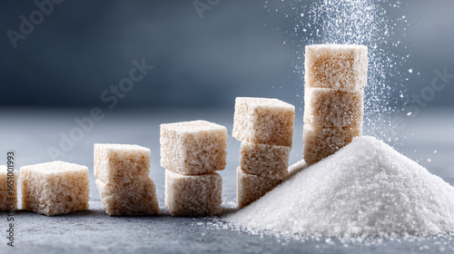 Sugar Cube Stacks & Granulated Sugar Concept Image for Sugar Consumption, Health, and Diet