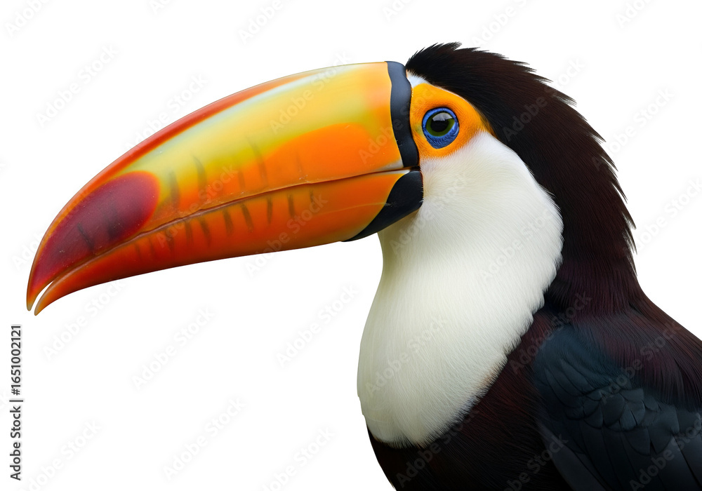 Fototapeta premium Vivid close-up of a colorful toucan with striking beak and detailed features