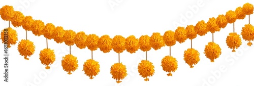 A long garland made of marigolds and leaves hanging on the wall with white background