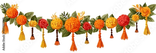 A long garland made of marigolds and leaves hanging on the wall with white background