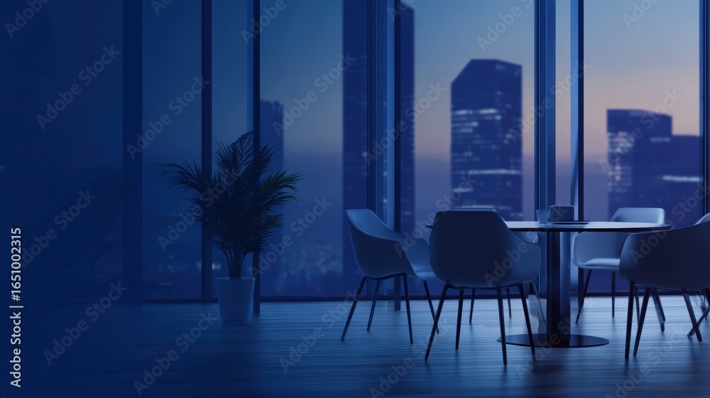 Fototapeta premium Modern office interior with a round table and chairs, city skyline visible through large windows at dusk