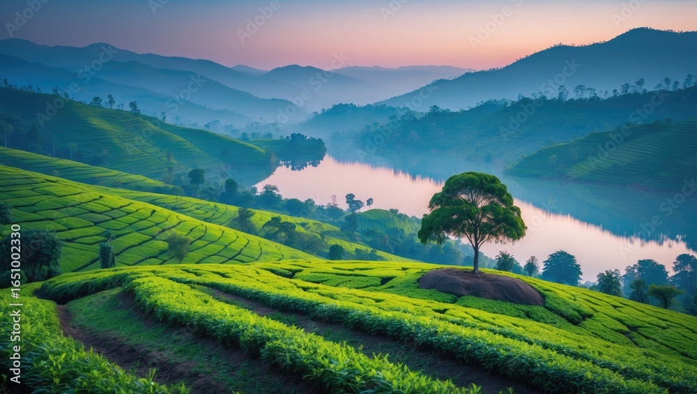 Obraz premium Lush green tea plantations on rolling hills overlooking a river valley at sunrise, with misty mountains in the background.