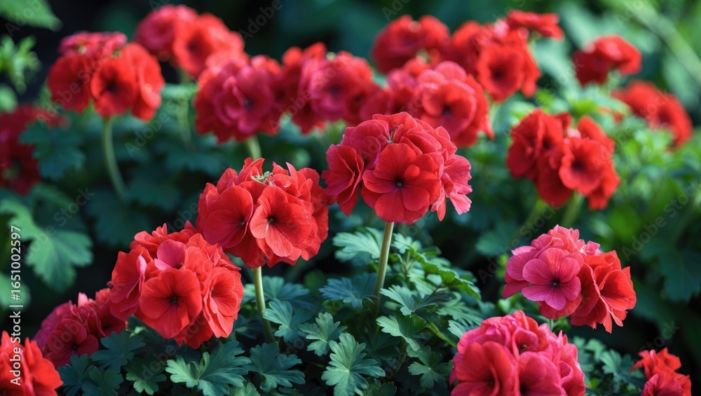 Obraz premium Vivid red geranium flowers with green foliage.
