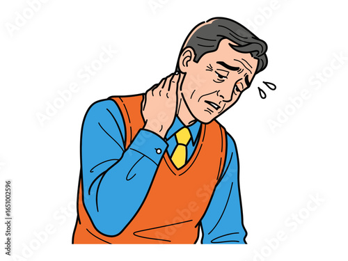 Suffering: A man in formal wear with a painful facial expression clutching his neck, signifying physical distress or ailment. 