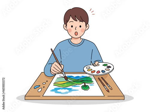 Creative Visionary: A young individual, deeply engrossed in his craft, diligently paints a vibrant landscape scene using watercolors, showcasing his artistic passion and focus. 