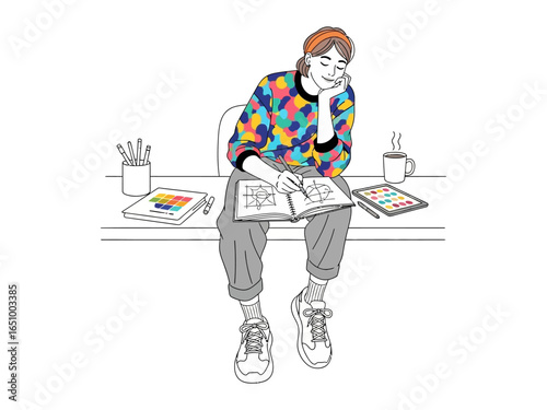 Creative Contemplation: An artist's world unfolds, as a woman, adorned in vibrant attire, finds inspiration. She is absorbed in creative tasks, drawing in a sketchbook.