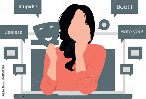 A woman sits at a laptop, surrounded by colorful speech bubbles, indicating a conversation or brainstorming session.