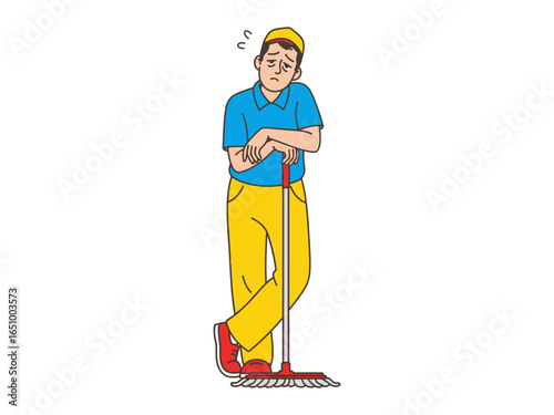 Weary Cleaner's Solitude: A downcast cleaner rests, the weight of the day etched upon his face, leaning against the broom, a poignant image of weariness