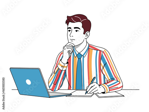 Contemplative Workspace: A modern professional, engrossed in deep thought, sits at a desk, pen in hand, a laptop nearby, contemplating solutions.