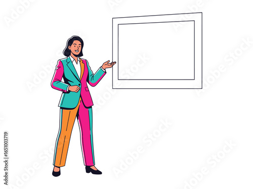 Presentation: A confident woman in a colorful suit stands beside a blank board, ready to explain her message in a colorful background.