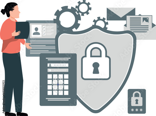 A woman stands beside a shield featuring a padlock and a phone, symbolizing security and digital protection.