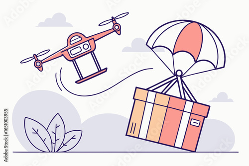Drone delivering package with parachute and plants