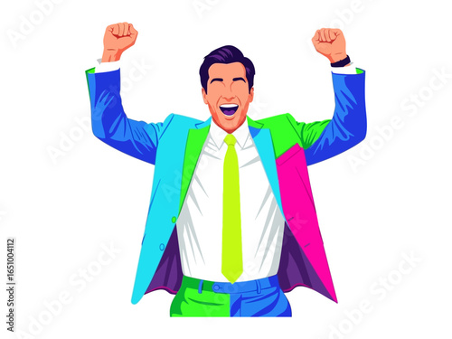 Vibrant Success: An illustration of a triumphant figure in colorful suit, exuding the essence of achievement, innovation, and professional victory. 