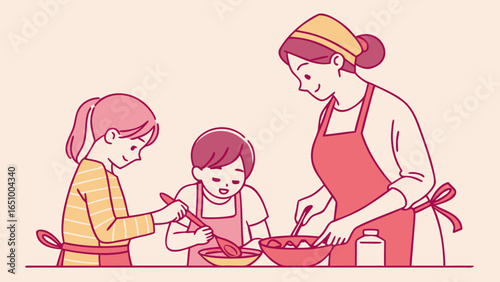 Mother and children cooking together in the kitchen