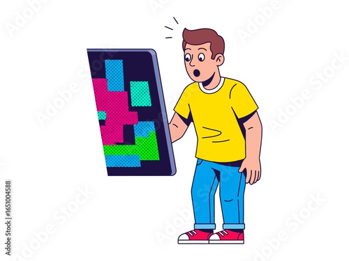 Digitized Wonder: A young man, consumed by astonishment, gazes at a digital display, filled with wonder and technological marvel.