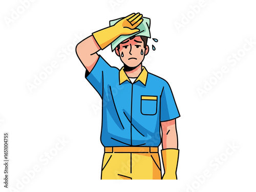 Exhausted and Overwhelmed: A worker, face flushed with sweat and frustration, wipes their brow with a cloth after a long shift