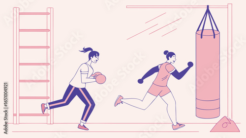 Two women training in a gym with a punching bag and ladder