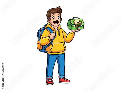 Smiling Boy with Lunchbox: An upbeat cartoon depicts a young boy proudly presenting his lunchbox, ready for a day of learning and adventure with a friendly smile.