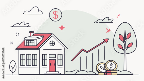 Illustration of a house with a rising graph and coins symbolizing financial growth
