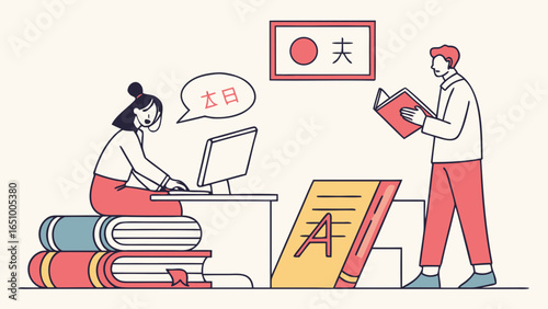 People learning japanese language with books and computer