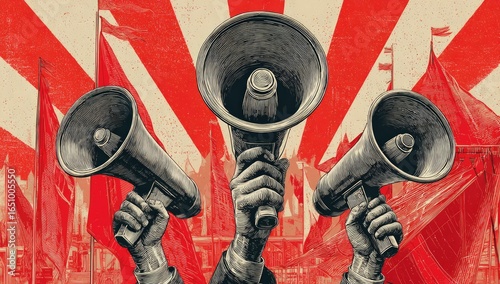 Propaganda megaphones, red flags, and hands