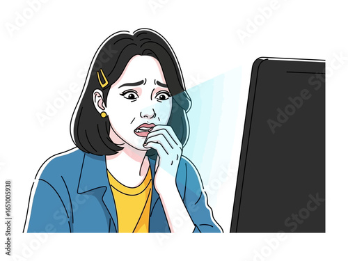 Fearful Observation: A portrait of a woman exhibiting fear while looking into a laptop, highlighting the digital world and its effect on human emotion.