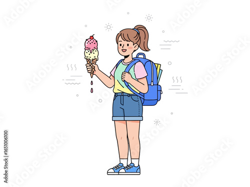 Summer Treat and Student Adventure: An animated image of a girl, ready to experience summer bliss holding an ice cream, while also shouldering a backpack and ready for educational pursuits.