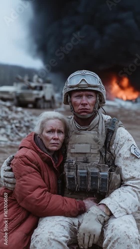 A compassionate soldier comforts an elderly civilian woman amidst the destruction of a warzone, a powerful depiction of humanity, rescue and the tragic consequences of armed conflict