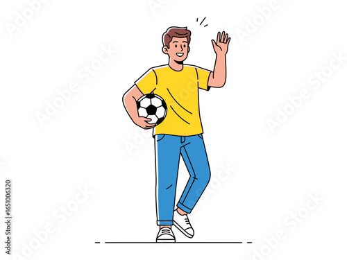 Football Fan Greetings: A cheerful young man waves enthusiastically, clutching a football, embodying the spirit of a friendly sports enthusiast. This vibrant illustration captures the joy of the game.