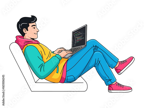 Casual Coding: A young man reclines comfortably, deeply engrossed in coding on his laptop, capturing the essence of modern tech life and digital creativity.