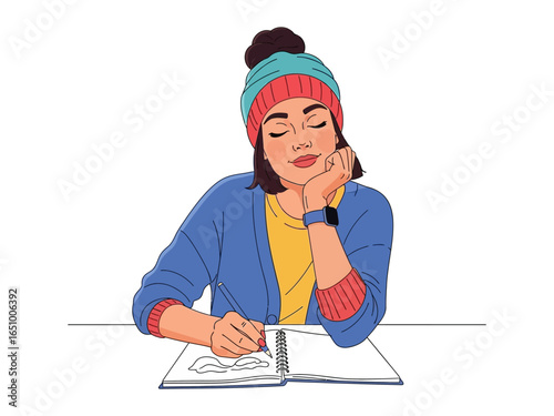 Creative Contemplation: A relaxed individual, immersed in the act of drawing in a sketch book, personifies artistic expression.