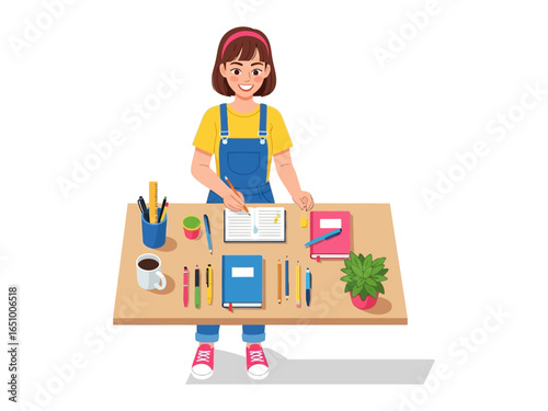 Creative Desk: A vibrant illustration of a young girl immersed in creative pursuits at a tidy desk, surrounded by stationery, coffee and books. 