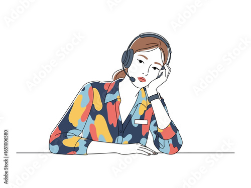 Bored Operator with Headset: A customer service agent leans in the chair, wearing a headset, and looking weary while listening to customer inquiry.