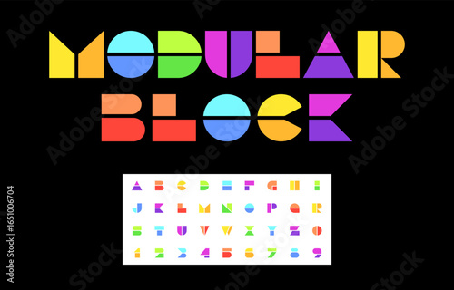 Bold Modular Block Alphabet Design with Angular Colorful Geometric Letters on Black Background