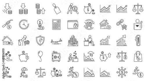 Inflation and Economic Instability Line Icon Set with Money Loss, Rising Prices, Falling Savings and Financial Challenges Vector Illustration
