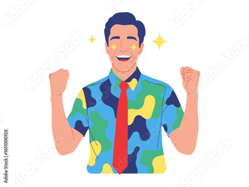 Joyful Success: Vibrant illustration of a man experiencing ecstatic triumph, featuring a dynamic pose with clinched fists and sparkling eyes, symbolizing accomplishment and pure elation. 