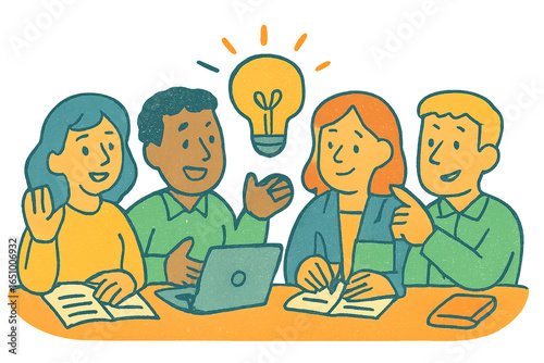 A hand-drawn naive illustration of a diverse team collaborating and having a brilliant 
