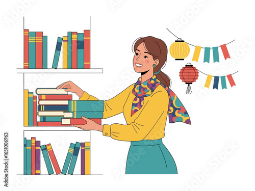 Bookish Shelves & Festive cheer: A woman selects and organises book, surrounded by the festive decor, evoking joy and a passion for reading. 