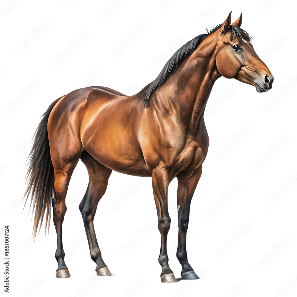 Fototapeta premium Ai generated image of a beautiful brown horse with a dark mane and tail, standing gracefully in profile, isolated on a transparent background, representing equestrianism, nature, and animal themes