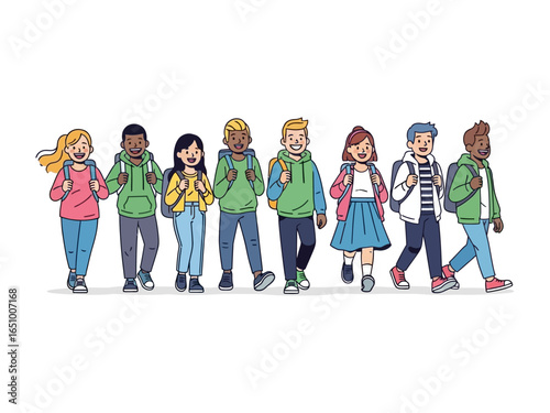 School Days' Parade: A joyful illustration of a group of students, diverse in background, marching together, their backpacks signaling the adventures of learning.