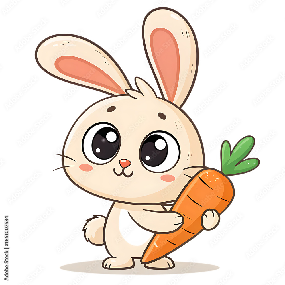 Obraz premium Ai generated image of charming cartoon baby rabbit holding a big carrot, looking adorable and happy, isolated on transparent background, perfect for spring themes and childrens stories