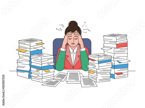 Overwhelmed in the Office: A person is buried in piles of paperwork, illustrating the weight of their work, their body language shows stress and burnout.