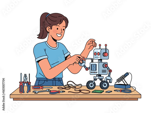 Building the Future: A young woman meticulously assembles a robot on a workbench, surrounded by tools, showcasing innovation and hands-on engineering in this illustration.